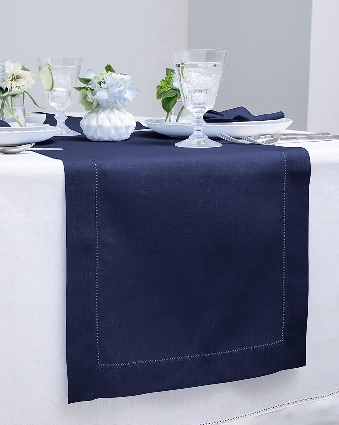 Solino Home 100% Pure Linen Dining Table Runner Navy Hemstitch, 14 x 144 in | - Image 2