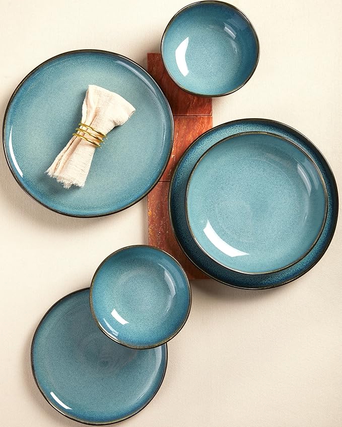 Plates and Bowls Sets, 16 Pieces Dinnerware Set for 4 with Pasta Bowls, Handmade Dishes Set, Chip Resistant Dishware Sets, Microwave Safe Dinner Set, Designed for Interactive Meals, Green Black
