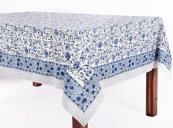 ATOSII Jodhpur Blue 100% Cotton Rectangle Tablecloth, Handblock Floral Linen Table Cloth for Kitchen Dining Table I Parties Wedding Outdoors I Home Decor 60 X 108 Inches