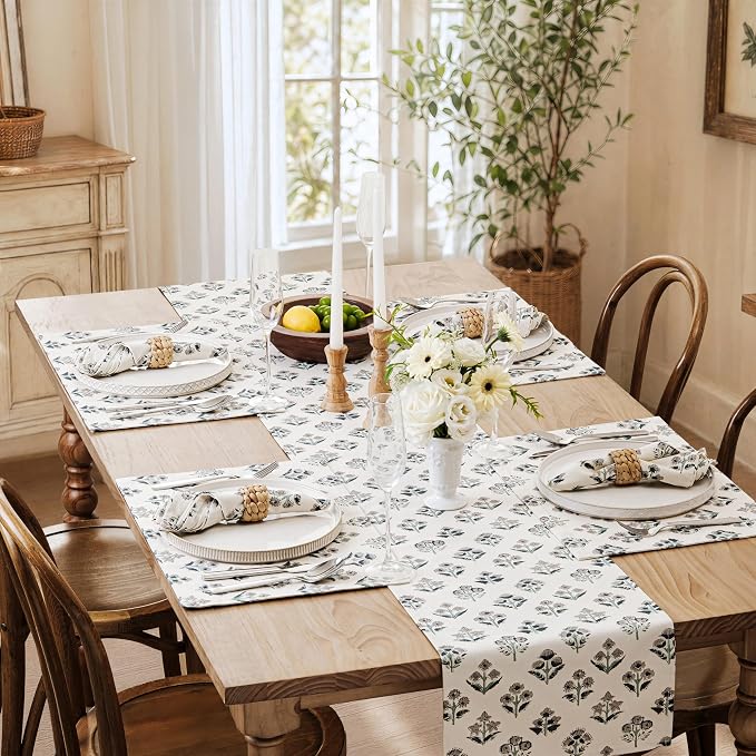 Block Print Floral Decorative Table Runners, 13x60 Inch Grey | 100% Organic - Image 7
