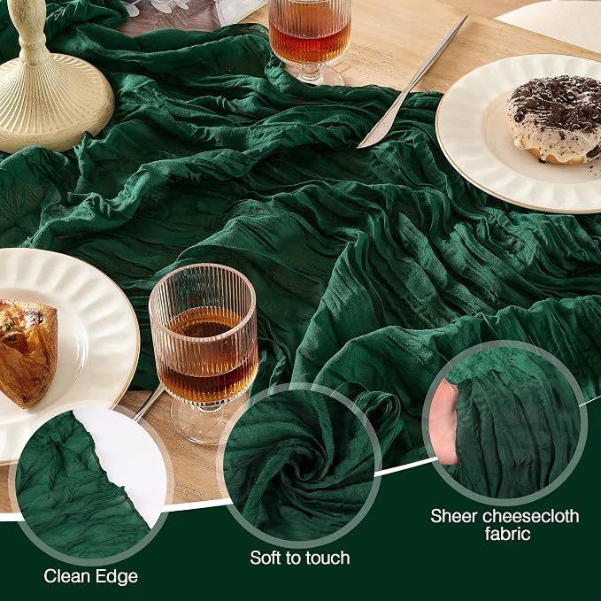 6 Pack Emerald Green Cheesecloth Table Runner Boho Christmas Decor | 120 Inch - Image 5