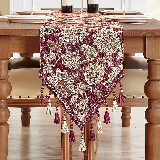 Loom and Mill Vintage Jacquard Damask Table Runner 13x108 inch, Burgundy | by LoomandMill