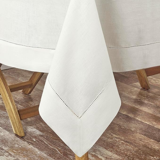 D'Moksha Homes Ivory Linen Tablecloth 60 x 120 Inch - 100% Pure Linen Hemstitch Tablecloth for Rectangle Tables - Classic Hemstitch, Machine Washable Table Cloth for Valentines, Spring, Easter