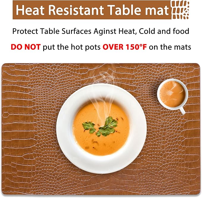 Jovono Faux Leather Placemats Set of 6, Waterproof Heat Resistant Dinner Place Mats for Dining Table, Non-Slip Crocodile Embossed, Brown (17.8x11.8 Inch)