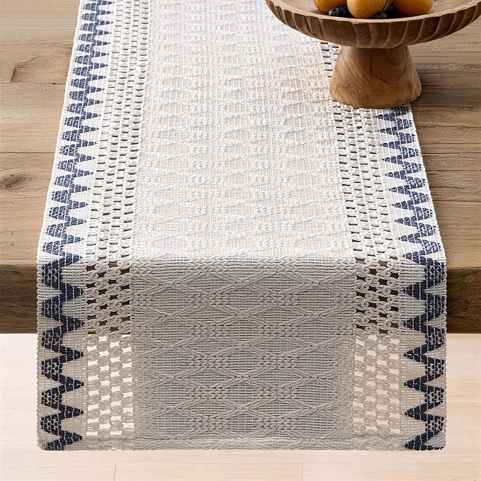 Macrame Side Trim Boho Woven Table Runner, Dusty Blue 12x72 Inch | Crochet - Image 6
