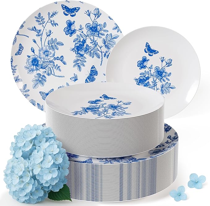 Trendables Disposable Plates For Party Supplies | Blue Floral Plastic Plates For Wedding 40 Pcs - 20 X 8 & 20 X 10 Dinner Plate Sets | Floral Plate Set Disposable Plastic Dinnerware Sets