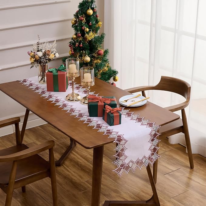 White Sheer Lace Table Runner Dark Red 108" Christmas Table Runners | Christmas - Image 3