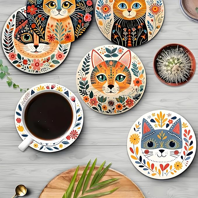 Wood Coasters Set of 6 - Handcrafted Drink Coaster Thick Heat-Resistant for Office, Bar, Farmhouse - Cute Cat Drink Cup Coasters for Table Protection