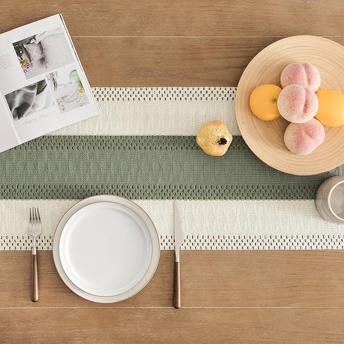 Macrame Style Bicolor Stitching Table Runner 14x90in Green | Woven Boho Table - Image 4