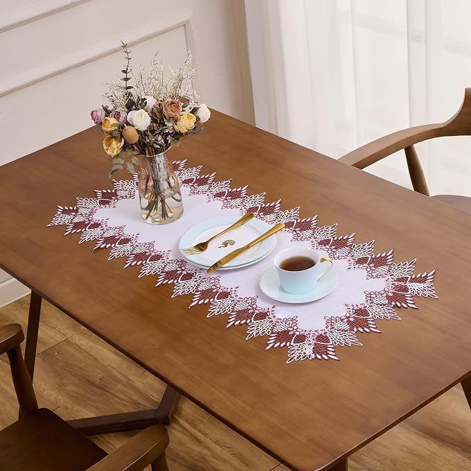 White Dark Red Linen Lace Table Runner 60 inches Dresser Scarf | White Sheer - Image 4