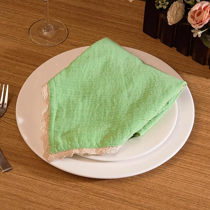 FINGERCRAFT Dinner Cloth Napkin Cotton Muslin Double Gauze 12 Pack with Classic Lace for Everyday Use, Wedding, Party, Christmas, Easter Napkins Cloth are Pre Shrunk and Good Absorbency Lettuce Green