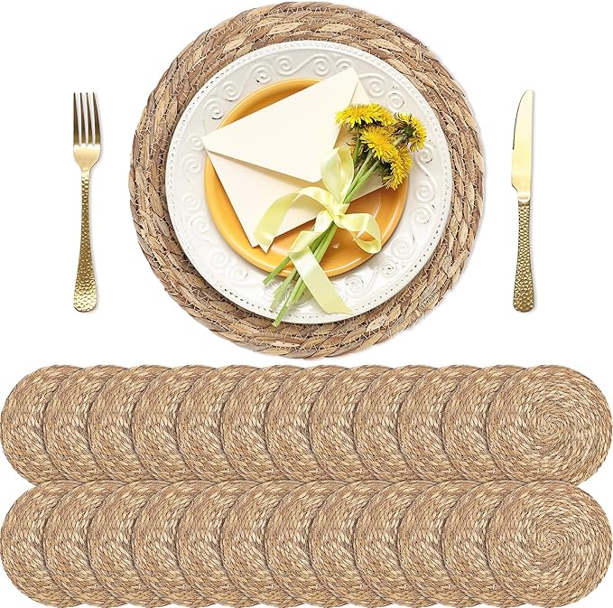 Kochorie Set of 24 Round Woven Placemats 12 Inches Bulrush Placemats Natural Hand-Woven Boho Rattan Placemats Wicker Table Mats Farmhouse Weave Place Mats for Home Dining Table