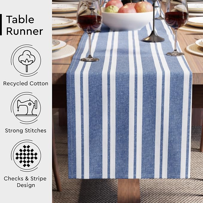 Encasa XO Table Runner, Woven Cotton Dining Runner 13"x72" Franca Blue Stripes - Image 3