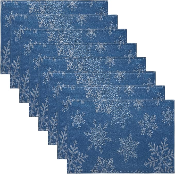 Cloth Place Mats Set of 8–Reusable Rectangular Waterproof Fabric Polyester Washable Wipeable Heat Resistant Jacquard Sparkling Metallic Snowflake for Kitchen Table(Navy Silver/13x19 Inch)