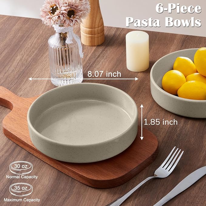 E-far Pasta Bowls Set of 6, 35 oz Large Stoneware Bowl Plates | Shallow & Wide - Image 2