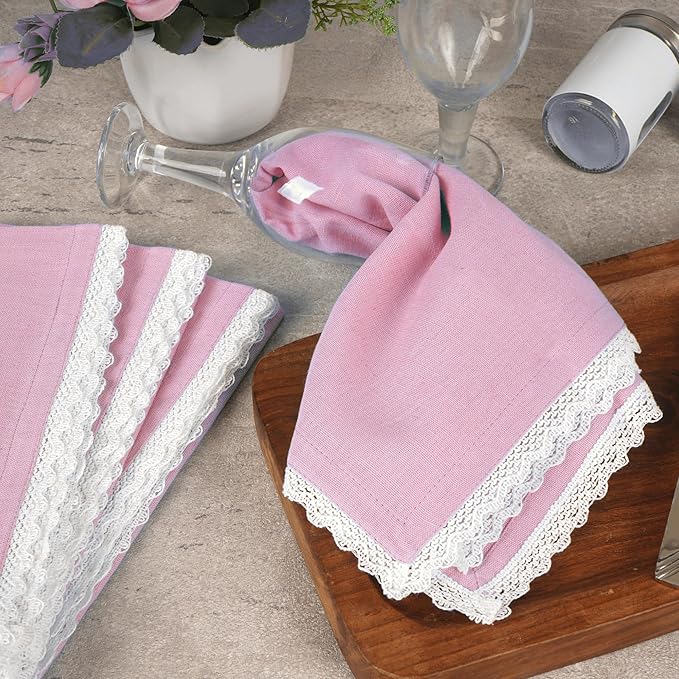 FINGERCRAFT Dinner Cloth Napkin Cotton Linen Blend 4 Pack Mitered Corners with Elegant Lace for Everyday Use Napkins are Pre Shrunk and Good Absorbency Pastel Rose