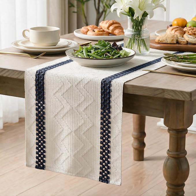 Artoid Mode Dark Blue Stripe Woven Rustic Table Runner 12x72 Inch | Holiday - Image 3