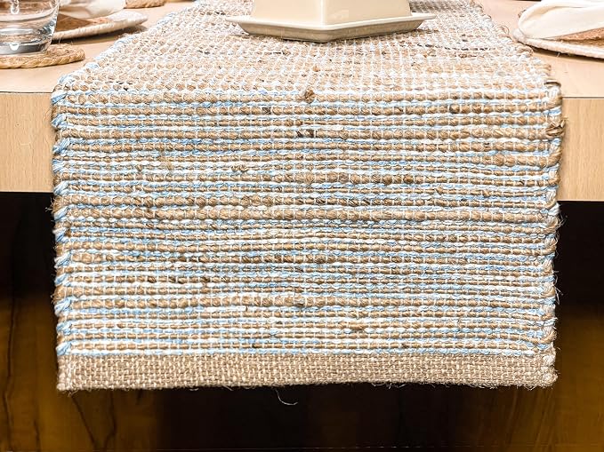 Natural Jute Table Runner, 13x72 Inch | Sky Blue-White, Vintage Boho Rustic - Image 2