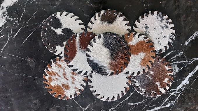 Cowhide Coasters Set of 6 pcs Round Natural Cowhides Drink Pads Hair On Genuine - Image 2