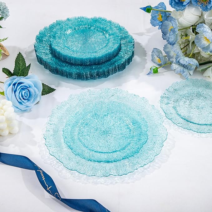 U-QE 60PCS Clear Blue Plates - Glitter Blue Plastic Hanukkah Plates Disposable&Reusable - Heavy Duty Plastic Plate for Hanukkah, Party&Wedding Including 30 Dinner Plate 10" & 30 Appetizer 7"