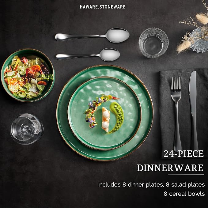 HaWare Dinnerware Sets, 24-Piece Plates and Bowls Set, Stoneware Dish Set - Image 3