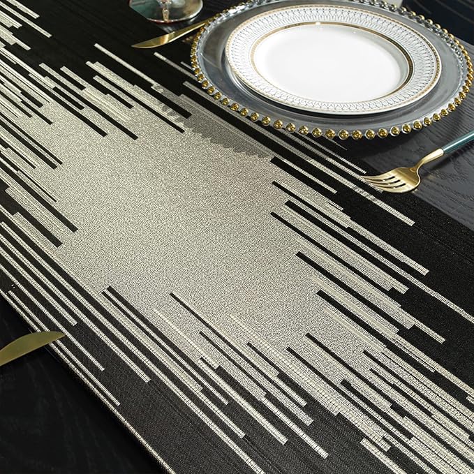 Luxury Modern Black Table Runner, Abstract Geometric, Fancy Tassels | Table - Image 5