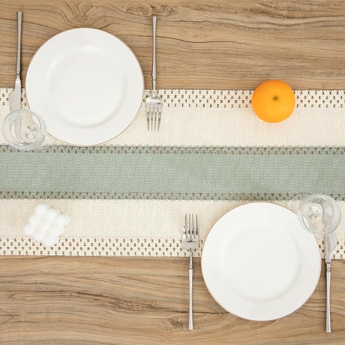 Boho Green Table Runner, 12x36 Inches | Tassels, Summer Farmhouse, Woven Cotton - Image 2