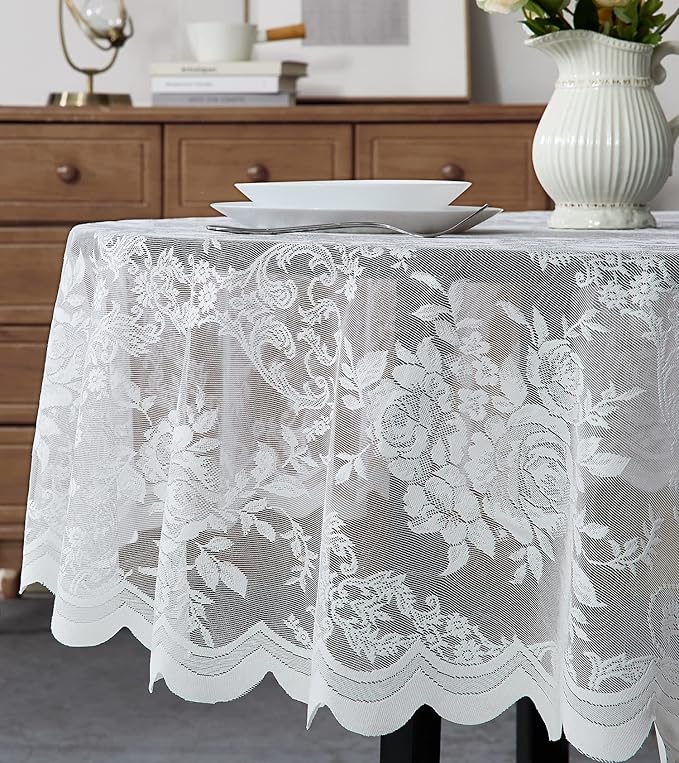 Warm Home Designs 120 Inch Round Tablecloth with English Rose Design. Use as Circle Tablecloth, Rustic or Elegant Lace Table Cloth. Ivory Table Cloth for 10-12 Guests. LTC Ivory 120