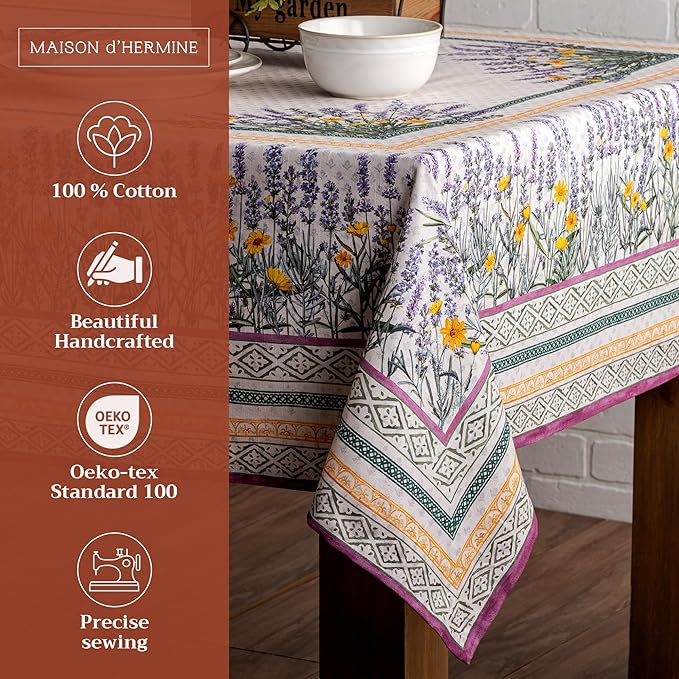 Maison d' Hermine Table Cloth Rectangle Table 100% Cotton 54 x 72 Inches Tablecloth Reusable Decorative for Dining Room Farmhouse Home Valentines Day Decorations Spring Summer - Fanny Lavender