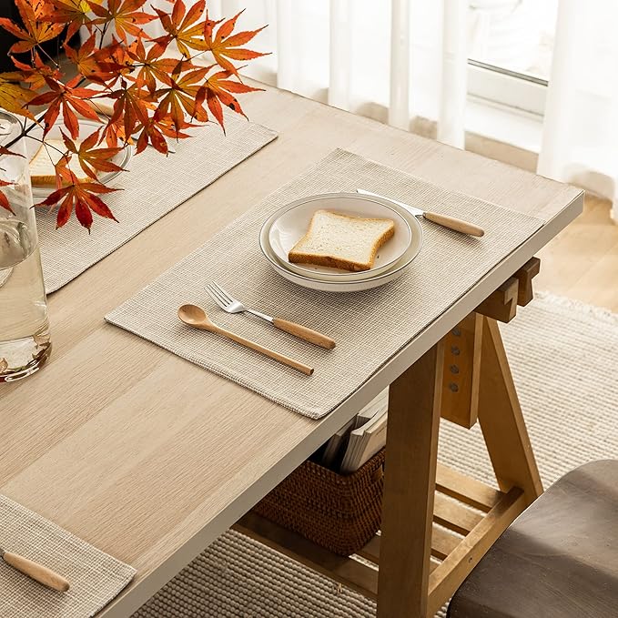 Kevin Textile Burlap Linen Placemats Set of 6 Heat Resistant Dining Table Place Mats Washable Kitchen Table Mats for Dinning Party Holiday Indoor Outdoor, 13 x19 inches, Light Beige