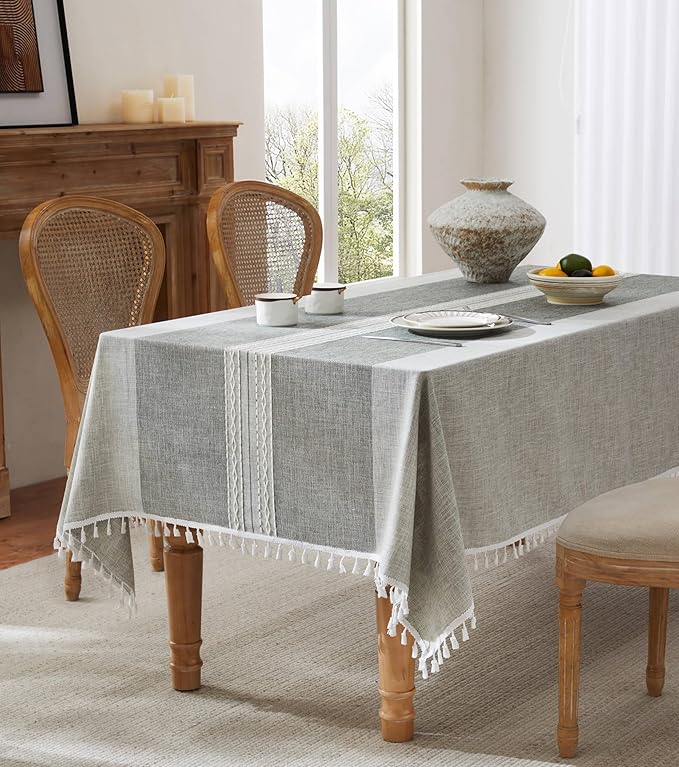 ZeeMart Contrast Linen Table Cloth Rectangle Table Cloths 60x120 Inch Mid-Stripe Grey, Farmhouse Style Heavy Weight Grey Tablecloth, Water Resistant Burlap Tablecloths