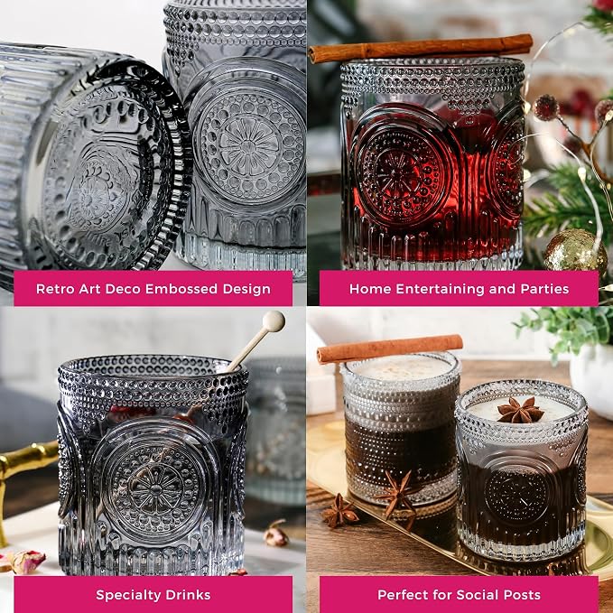 Ribbed Retro Arch Floral Smoke Grey Drinking Glasses Set of 6, Vintage - Image 5