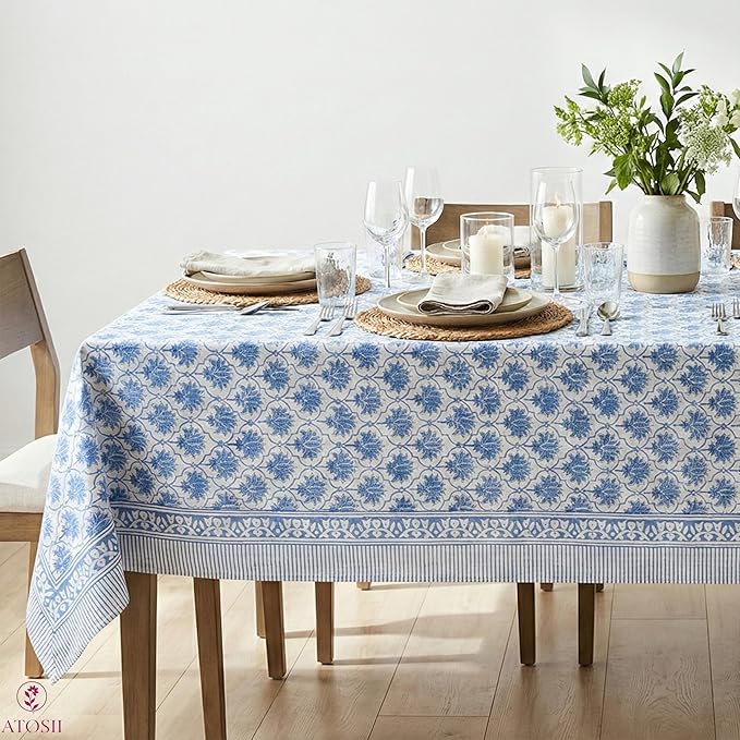 ATOSII Padma Blue 100% Cotton Rectangle Summer Tablecloth, Indian Block Print Floral Table Cloth I Dining Parties Weddings Outdoors Holidays 60 X 90 Inches, 6 Seater I Grandmillennial Farmhouse Boho
