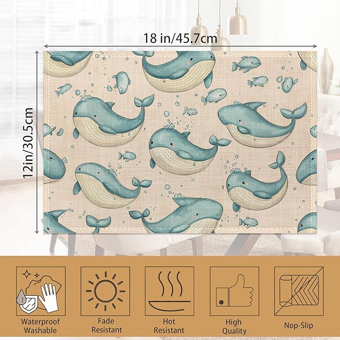 Placemats Set of 6,Cute Whale Table Mats,Sea Animal Washable Linen Table Mats,Non-Slip Heat Resistant Placemats for Party Kitchen Dining Indoor Outdoor 12"x18"