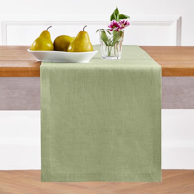 Solino Home Linen Small Table Runner 60 Inches - Athena, 100% Pure Linen Chambray Olive Table Runner 14 x 60 Inch Ideal for Dresser and Coffee Tables - Spring, St Patricks Day