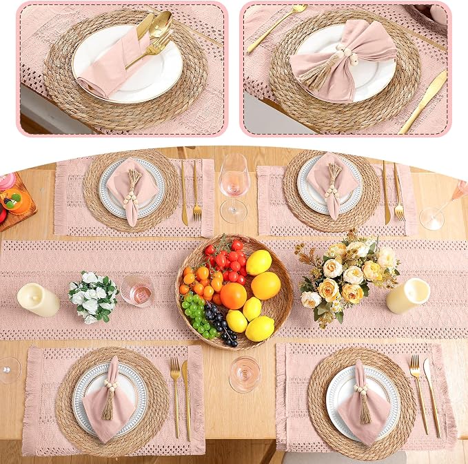 6 Sets Boho Decoration Placemats Round Woven Placemats, Cloth Napkins, Wood - Image 5