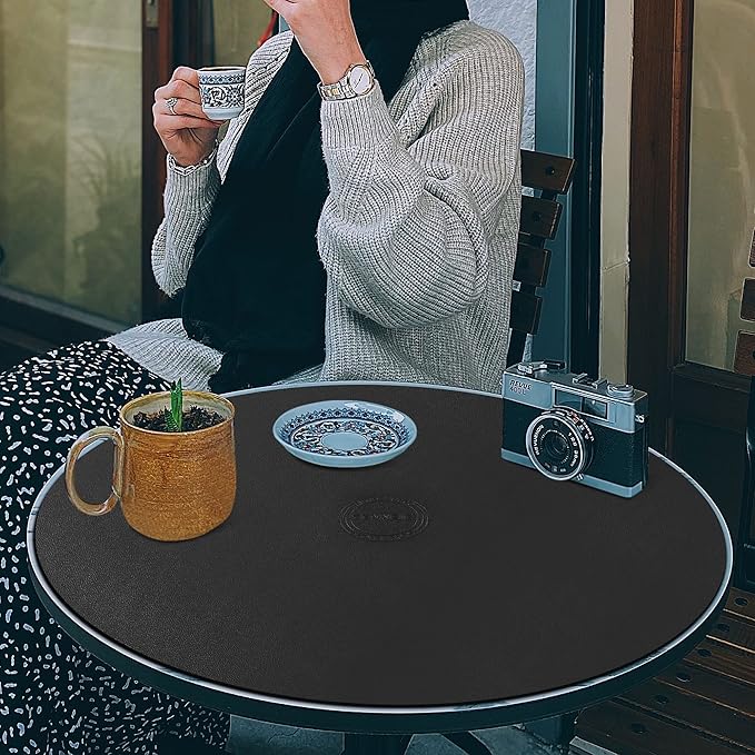 CENNBIE 42/40/36/32/30 Inches Round Table Mat - Cork Leather Placemats - Suitable as Side Dining Coffee Table Cover - Can Be Cut to Fit (Black)