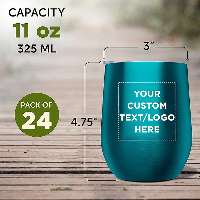 Custom Stemless Wine Glass Tumblers with Lids by Largo 11 oz. Set of 24, Personalized Bulk Pack - Perfect for Wine, Cocktails, Other Hot & Cold Beverages - Teal