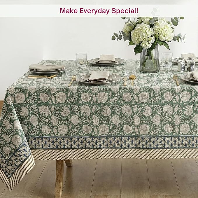ATOSII Jade 100% Cotton Boho Rectangle Summer Tablecloth, Block Print Floral Table Cloth Linen for Dining, Parties, Weddings, Outdoors Table Decor I 60 X 90 Inches I 6 Seater I