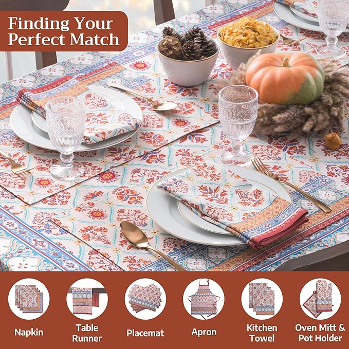 Maison d' Hermine Table Cloth Square Table 100% Cotton 60 x 60 Inches Fall Tablecloth Reusable Everyday Use for Thanksgiving Christmas Decorations Dining Farmhouse Party (Romane)