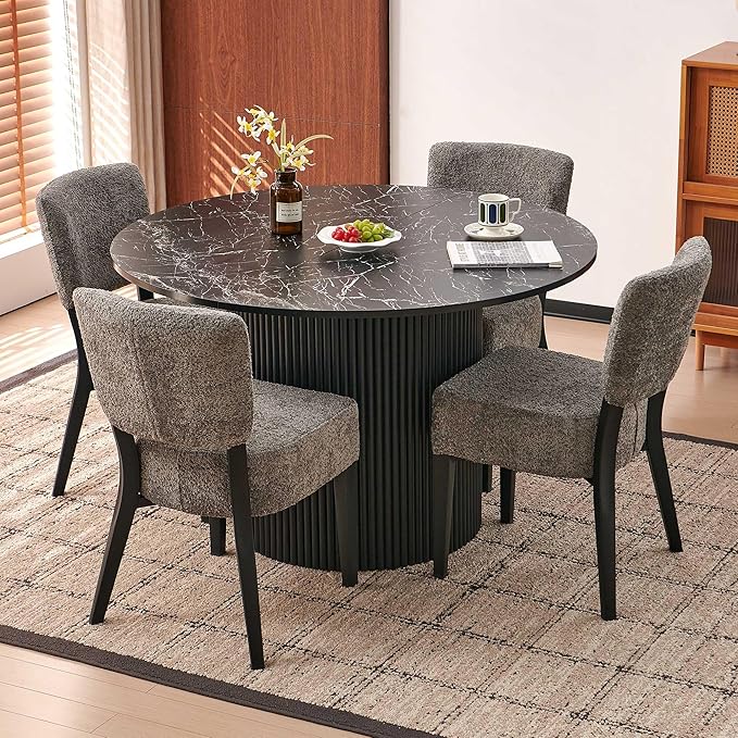 Howtek 5-Piece Modern Dining Room Set, 47" Faux Black Marble Round Dining Table with 4 Gray Space-Saving Upholstered Stackable Dining Chairs, Kitchen Table and Chairs Set for Home