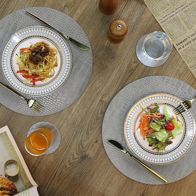 Round Leather Placemats for Round Tables Set of 8, Gray Table Place Mats and Coasters, Washable Easy to Care for Indoor Decor 13" Diameter