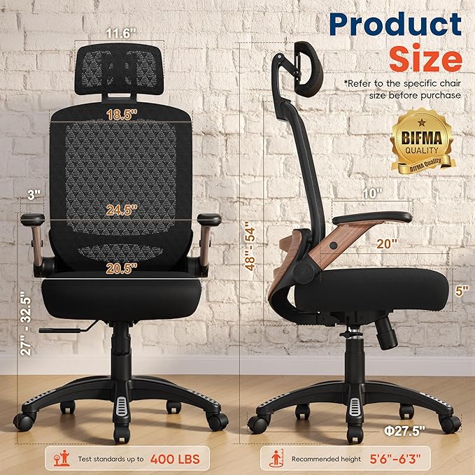 GABRYLLY Ergonomic Office Chair, High Back Home Desk Chair with Flip-Up Arms, 3D Headrest, Thick Sponge Sea &90-120° Recline, Big and Tall Mesh Executive Chairs for Man Woman, Black Woodgrain