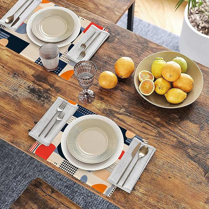 Navy Blue Gray Boho Placemats Set of 6, Linen Washable for Christmas, Thanksgiving, Party, and Daily Dining, Decorative Table Mats for 4-6 Person Table