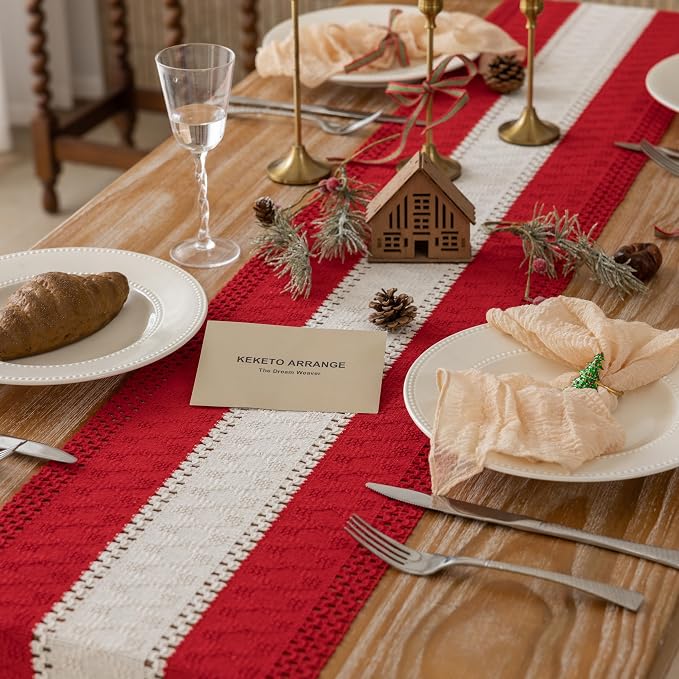 Keketoarrange Christmas Red Boho Table Runner 12x36 Inch | Woven Burlap - Image 2