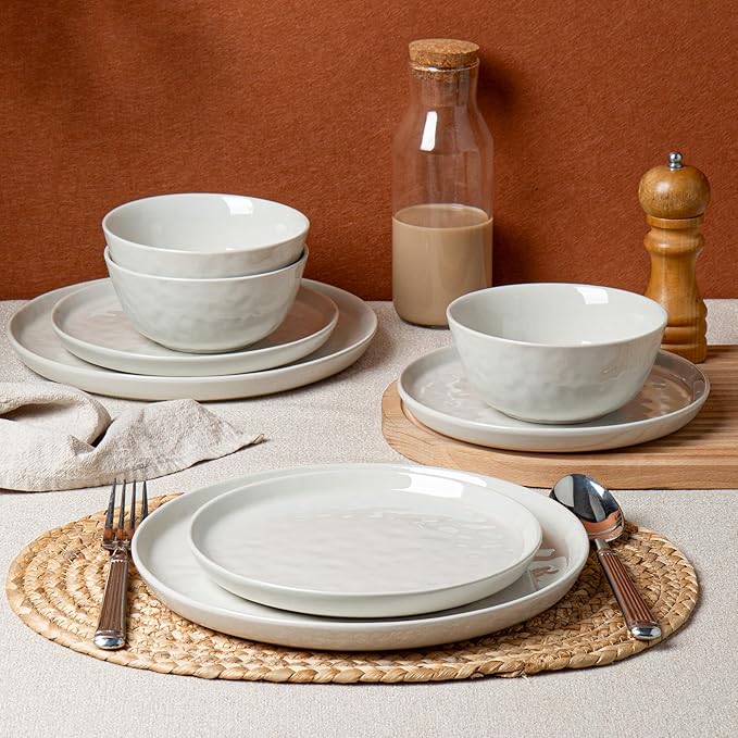 Ceramic Water Ripple Tableware Sets for 4, 12 Pieces Stoneware Plates and Bowls Sets, Reactive Glaze Dishes -Scratch Resistant, Dishwasher&Microwave Safe (Milky White)