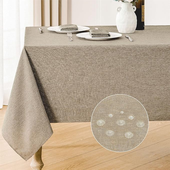 2 Pack Rectangle Tablecloth, 60x104 inch, Water Resistant Wrinkle Free Linen Textured Table Cloth Washable, Decorative Fabric Table Cover for Dining, Party and Camping, Mocha