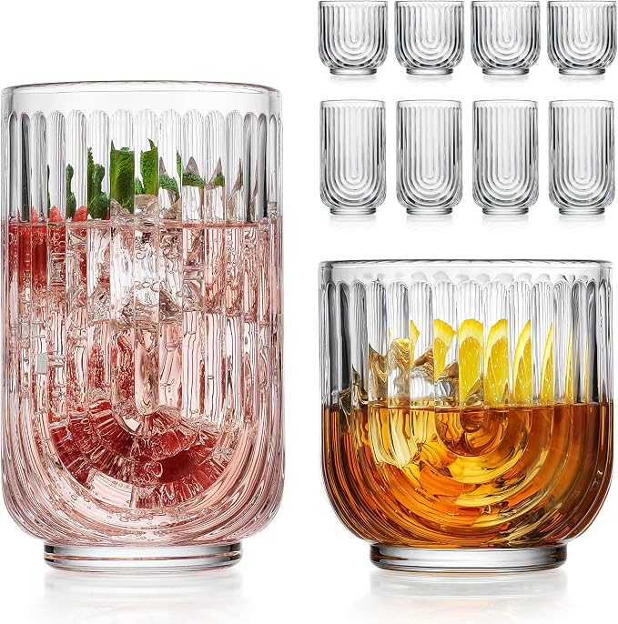 Glaver's 8-Piece Drinking Glass Set, Art Deco Ribbed Arch Glassware, 17oz by Glavers