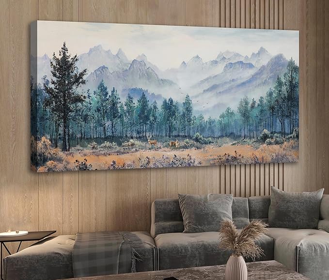 Anolyfi Foggy Forest Mountain Canvas Wall Art, Nature Tree Landscape Painting Textured Wall Decor for Christmas Gift Living Room Bedroom Dining Room Kitchen Office Home Decor 40"x20"