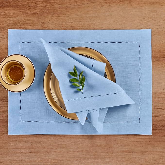 Solino Home Linen Cloth Napkins Set of 4-100% Pure Linen Cornflower Blue Dinner Napkins 20 x 20 Inch - Classic Hemstitch, Handcrafted and Machine Washable - Spring, Easter